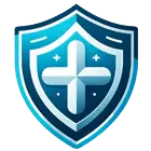 Shield-shaped logo with a light blue outline and dark blue interior, featuring a white cross with shadow effect and stars, possibly representing medical or health services.