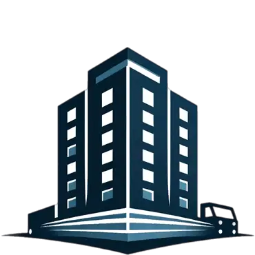 Modern blue multi-story building graphic with adjacent black car, representing urban architecture and transportation.