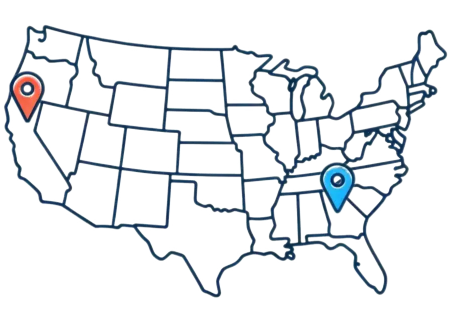 Pinpointed spots on map of USA.