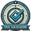 A blue circle with a white checkmark inside, indicating the ability to cancel without any charges or penalties