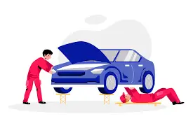 Two mechanics in red overalls working on a blue car, one inspecting the engine and the other underneath the vehicle.