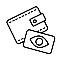 Line drawing of a wallet and an eye within an envelope, symbolizing financial security and privacy.