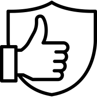 Black and white icon of a shield with a thumbs-up check mark, representing security or approval