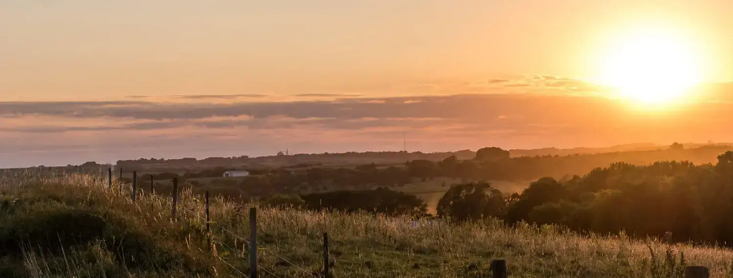 A rural scene in Nebraska, a barbed wire fence encloses a grassy field bathed in the warm light of a colorful sunset.