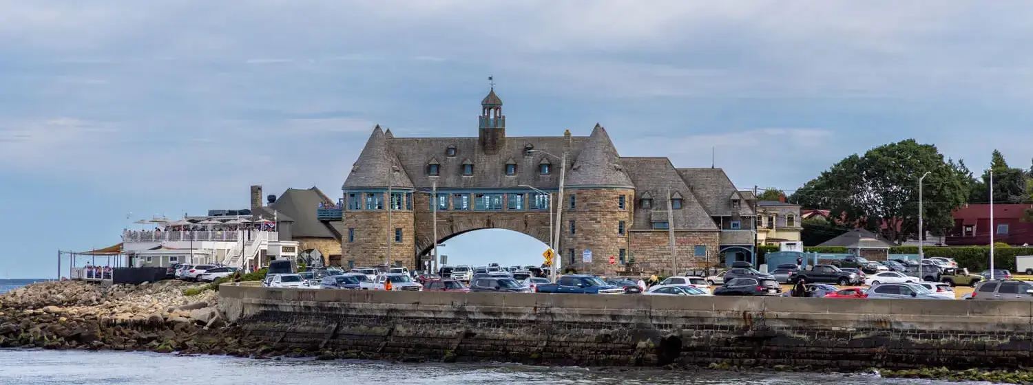 Historic stone Towers overlooking the beach in Narragansett, Rhode Island.