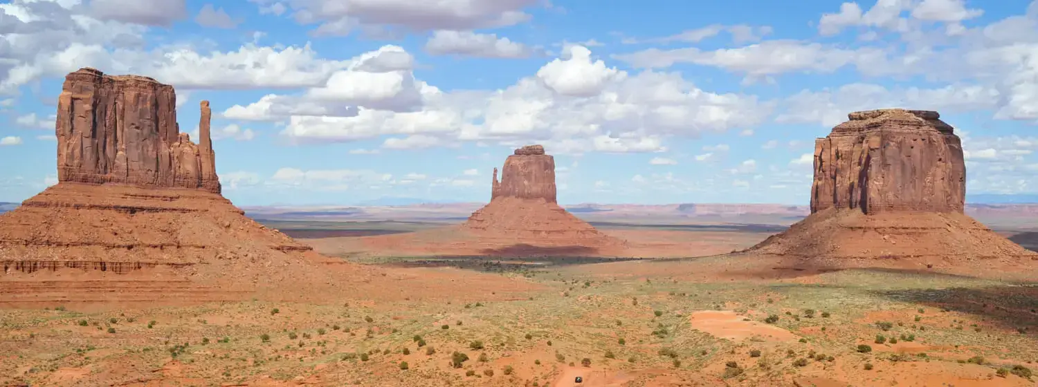 Panoramic view of a desert landscape featuring two mesas, Monument Valley, in the distance, with a winding dirt road in the foreground.